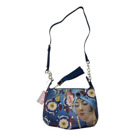 NWT Icon LA Hand Painted Blue Multi Leather Fringe Tassel Top Zip Shoulder Bag - Picture 1 of 8